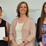 President Mary Ellen Jukoski stands with scholarship recipients Abigail Christina, Julie Craig, Halyey Gagdon as Three Rivers College Foundation Board Member and Assistant Vice President of Chelsea Groton Bank Jen Delucia presents them with Chelsea Groton Bank Scholarships.