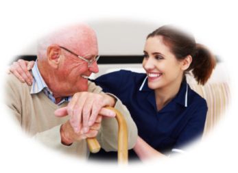 A CNA helping an elderly person with a cane