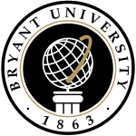 A black and gold seal for Bryant University with both their year of establishment, 1863, and a globe.