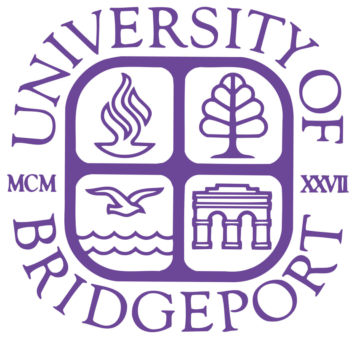 Purple text surrounding a purple seal with a flame in the upper left corner, a tree in the left upper corner, a bird flying over water in the lower left corner, and arches in the lower right corner. The text reads, 'University of Bridgeport, MCM XXVII'.