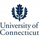 University of Connecticut in dark blue with a three leaf seal above the text.