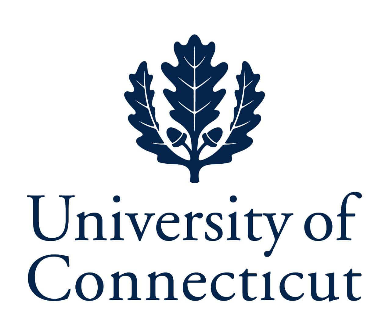 University of Connecticut in dark blue with a three leaf seal above the text.
