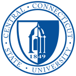 Blue circle containing Central Connecticut State University and a shield shape in the same blur with 1849, the founding year of the university.