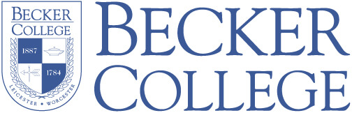 Becker College's logo in a dark blue color and their traditional shield.