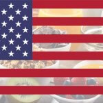 The United States Flag with a faded image of a table filled with breakfast food.