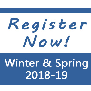 White and blue text which reads, 'Register now! Winter and spring 2018-19'.