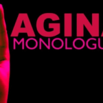 A pink hand in the lower left corner with a 'V' sign. It is the V in the title, 'The Vagina Monologues'.