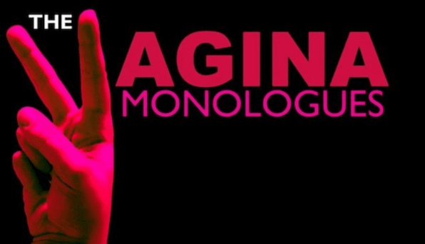 A pink hand in the lower left corner with a 'V' sign. It is the V in the title, 'The Vagina Monologues'.