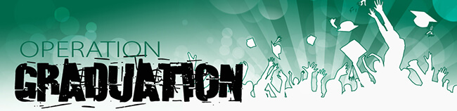 A green and white banner with the word, 'Operation Graduation' in green and black letters. There is also white outlines of people throwing graduation hats into the air.
