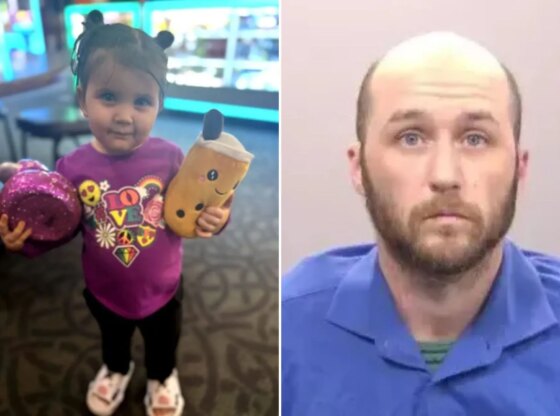 An image collage containing 2 images, Image 1 shows A young girl in a purple shirt holding a glittery purple object and a boba tea plush toy, Image 2 shows Mugshot of a bald man with a beard and blue eyes, wearing a blue collared shirt