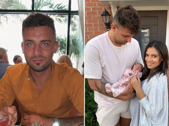 An image collage containing 2 images, Image 1 shows Ali Watson, a jetskier, sits at a table in a restaurant, Image 2 shows A couple holding their newborn baby outside a brick house