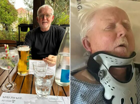 An image collage containing 2 images, Image 1 shows Brian Ackroyd seated at a table with drinks, smiling at the camera, Image 2 shows Brian Ackroyd lying in a hospital bed with his eyes closed and a neck brace