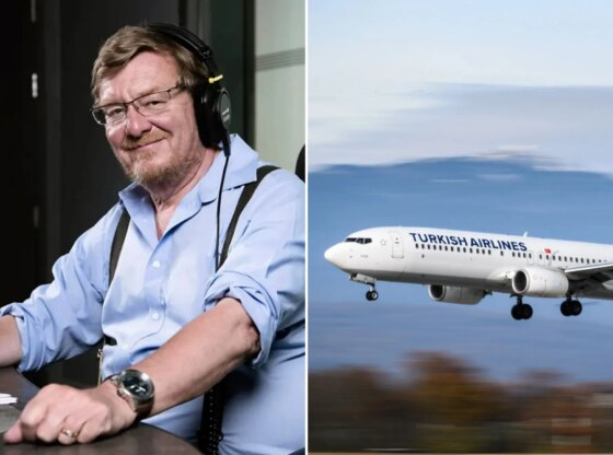 An image collage containing 2 images, Image 1 shows Mark Mardell, wearing headphones, sitting at a desk with a microphone in front of him, Image 2 shows A white Turkish Airlines Boeing 737-800 plane with registration TC-JVL coming in for a landing
