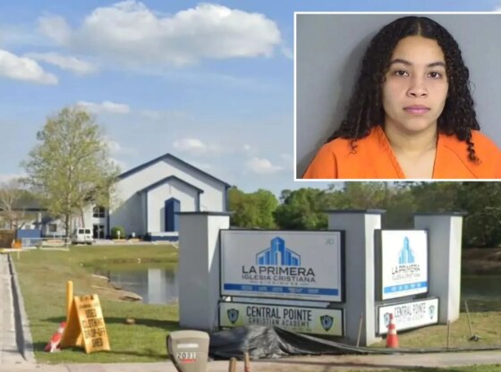 An image collage containing 2 images, Image 1 shows The Central Pointe Christian Academy sign in front of a building by a pond, Image 2 shows Mugshot of Yezmar Angeanis Ramos-Figueroa