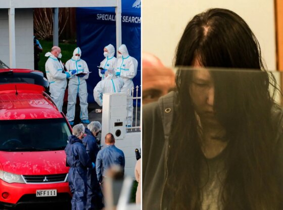 An image collage containing 2 images, Image 1 shows Police investigating the discovery of children's bodies in suitcases, Image 2 shows NZEALAND-CRIME-TRIAL