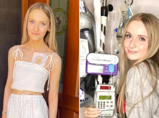 An image collage containing 2 images, Image 1 shows A young woman with an insulin pump and infusion site on her chest, Image 2 shows A young woman smiling next to medical devices, including two infusion pumps, attached to an IV pole