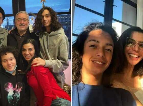 An image collage containing 2 images, Image 1 shows Drena De Niro with Robert De Niro and children, Airyn De Niro and Leandro De Niro-Rodriguez, around Christmas, Image 2 shows Leandro De Niro, Drena De Niro, and Robert De Niro smiling