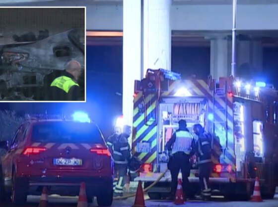 An image collage containing 2 images, Image 1 shows Firefighters and emergency vehicles with flashing lights at night, Image 2 shows A man in a high-visibility vest stands near a charred car wreck