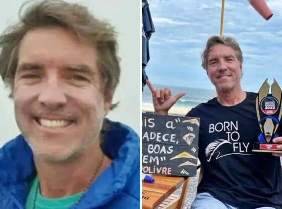 An image collage containing 2 images, Image 1 shows Portrait of two-time hang-gliding champion, Craig Murray, smiling, Image 2 shows Man wearing a "Born to Fly" shirt, holding a paragliding award, making a shaka sign