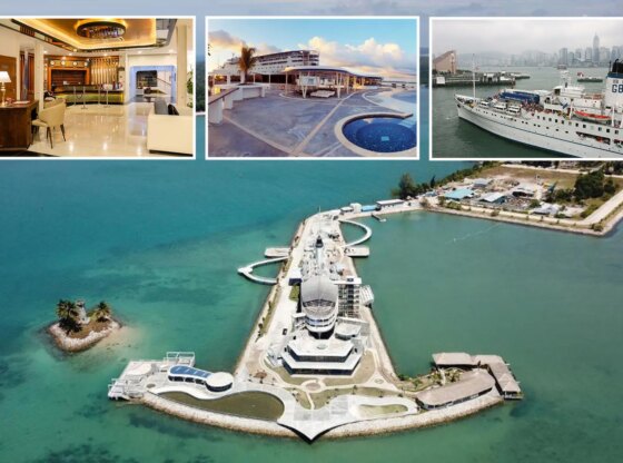 Collage of a luxury hotel lobby, a resort with a pool and ocean view, a cruise ship docked in a city harbor, and an aerial view of a building complex shaped like an anchor on a peninsula.