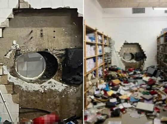 An image collage containing 2 images, Image 1 shows Gang pulls off Hatton Garden-style bank job drilling into vault, Image 2 shows A large hole drilled into a vault wall with debris scattered across the floor in a storage room