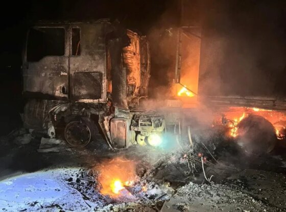 A truck burns at the site of a Russian missile and drone strike in Odesa region, Ukraine.