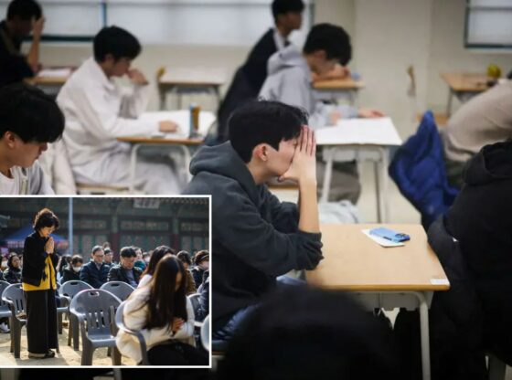 An image collage containing 2 images, Image 1 shows Students sit for an exam in a classroom, Image 2 shows SKOREA-EDUCATION-SOCIAL-EXAMS