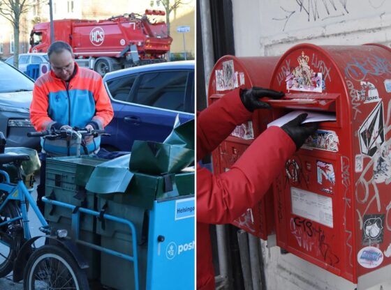 An image collage containing 2 images, Image 1 shows NINTCHDBPICT001048677180, Image 2 shows Female in black gloves and red coat putting a letter in a red PostDanmark post box covered in graffiti
