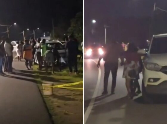 An image collage containing 2 images, Image 1 shows People gathered near a crime scene with yellow police tape in Suriname, Image 2 shows People fleeing from a knife attack at night, with a white SUV in the foreground and oncoming car headlights visible in the distance