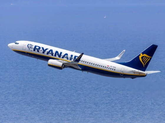 An image collage containing 1 images, Image 1 shows Ryanair Boeing 737-800 airplane taking off from Rhodes airport over the Aegean Sea