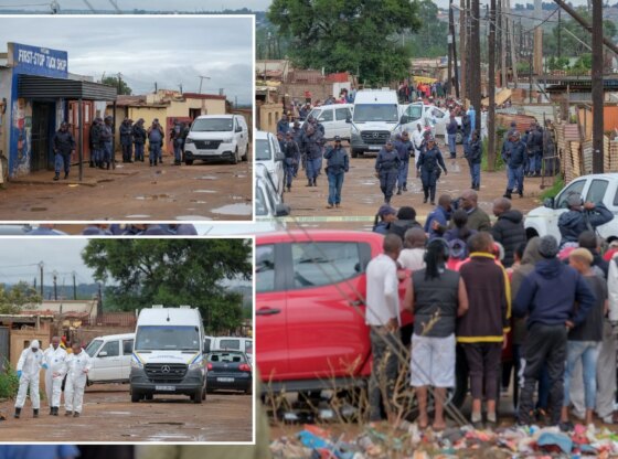 An image collage containing 3 images, Image 1 shows Residents and police at the scene of a shooting in Bekkersdal, Image 2 shows SAFRICA-CRIME-SHOOTING, Image 3 shows Forensic Pathology Service members in white suits walking at a crime scene