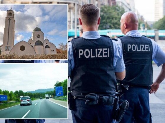 An image collage containing 3 images, Image 1 shows Three German police officers with "police" written on their backs face away from the camera in a city setting, Image 2 shows NINTCHDBPICT001042468774, Image 3 shows Driving on highway A45 Sauerlandlinie