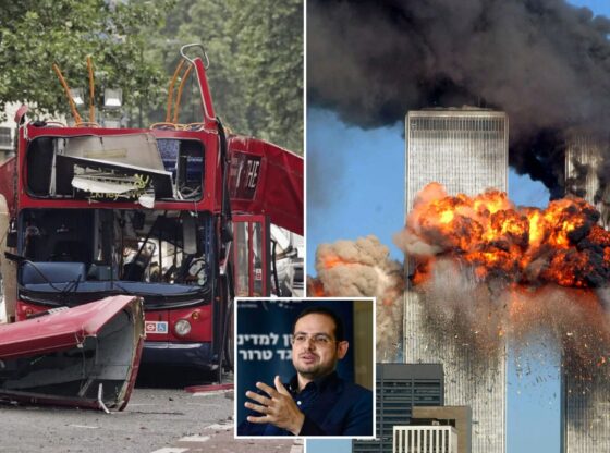 An image collage containing 3 images, Image 1 shows A red double-decker bus severely damaged by a bomb, with its roof ripped off and debris scattered on the street, Image 2 shows World Trade Center Attacked, Image 3 shows A man with glasses and a beard speaks with hands outstretched, in front of a banner with Hebrew text