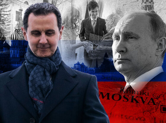Collage of Syrian President Bashar al-Assad, Russian President Vladimir Putin, the Kremlin, and images of meetings, against the Russian flag.