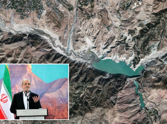 An image collage containing 2 images, Image 1 shows A satellite view shows reduced water level in the Latian Dam, in Lavasan, Image 2 shows Iranian President Masoud Pezeshkian speaks during a meeting in Ilam