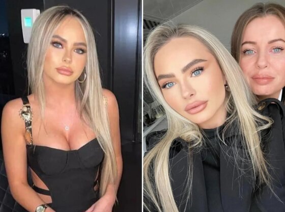 An image collage containing 2 images, Image 1 shows Mia O'Brien, a young British woman, in a black dress, sitting in a chair, Image 2 shows Photo of a mother and daughter