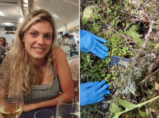 An image collage containing 2 images, Image 1 shows Celine Cremer, a missing backpacker, smiles at a table in a restaurant, Image 2 shows A gloved hand pointing to a phone found in moss and foliage