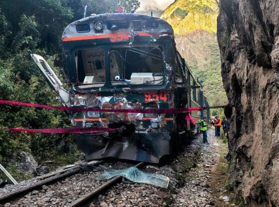 An image collage containing 1 images, Image 1 shows Damaged train from a head-on collision near Machu Picchu, Peru