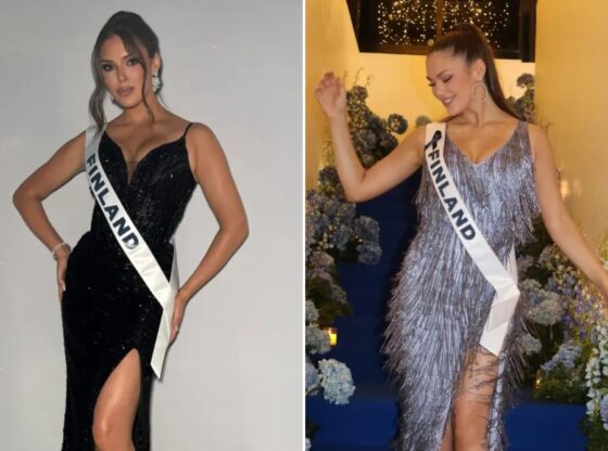 An image collage containing 2 images, Image 1 shows Miss Finland in a black gown and "Finland" sash, Image 2 shows Sarah Dzafce, Miss Finland, on a blue staircase with blue flowers, wearing a shimmering fringe dress and a sash