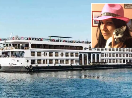 An image collage containing 2 images, Image 1 shows MS Royal Beau Rivage cruise ship on the water, Image 2 shows Teacher, 47, dies on cruise after fall in cabin during collision with other boat