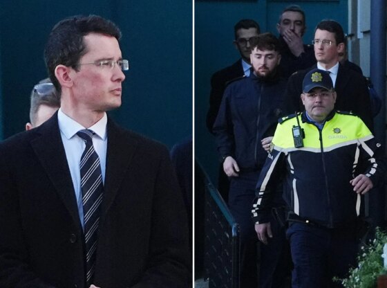 An image collage containing 2 images, Image 1 shows Enoch Burke (left) leaving the High Court in Dublin with his father Sean (right), Image 2 shows Enoch Burke (center right) leaving the High Court in Dublin with a Garda officer in the foreground
