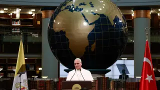 Leo XIV during his speech at the National Library of the Presidential Palace of Türkiye, in Ankara.