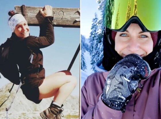 An image collage containing 1 images, Image 1 shows A young woman wearing ski goggles and a balaclava winks and sticks out her tongue