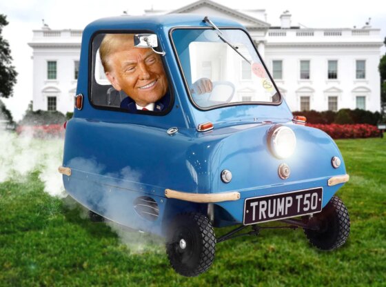 Illustration of Donald Trump driving a tiny blue "TRUMP T50" car away from the White House.