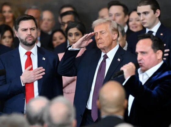 US Vice President JD Vance and President Donald Trump listen to American singer Christopher Macchio perform 'The Star-Spangled Banner'.