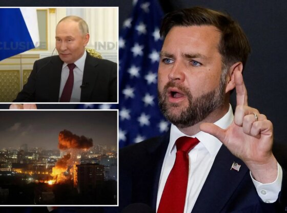 An image collage containing 3 images, Image 1 shows : U.S. Vice President JD Vance speaks to members of the media in Kiryat Gat, Image 2 shows Vladimir Putin speaking during an interview, with a Russian flag behind him, Image 3 shows Destruction in Kostyantynivka town in Donetsk region