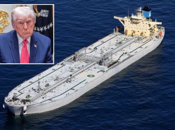 An image collage containing 2 images, Image 1 shows The oil tanker Karvounis lies at anchor stranded off the coast of Louisiana, Image 2 shows President Donald J. Trump Holds Cabinet Meeting At The White House In Washington, DC - 02 Dec 2025