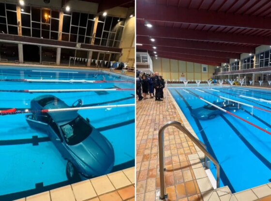 An image collage containing 2 images, Image 1 shows A car submerged in a municipal swimming pool, Image 2 shows A blue car submerged in a swimming pool with people on the poolside