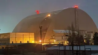 The dome that protects Chernobyl reactor number 4 and the site of the drone impact.