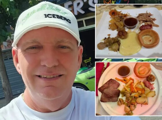 An image collage containing 3 images, Image 1 shows A man in a white cap and shirt smiling at the camera, with a bright green car and a storefront in the background, Image 2 shows A plate of food including pulled pork, gravy, mashed potatoes, Yorkshire pudding, a meatball, sausage, and cooked vegetables, Image 3 shows A plate of roast dinner with beef, Yorkshire pudding, vegetables, and gravy